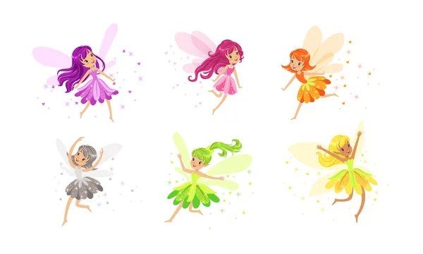 Pequenas fadas com asas conjunto, meninas encantadoras com cabelos longos vestidos muito coloridos desenhos animados Vector Ilustração — Vetor de Stock