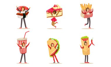 Fast Food Kostüm Seti, Suşi, Pasta, Patates kızartması, Taco, Soda İçeceği Vektör Çizimi
