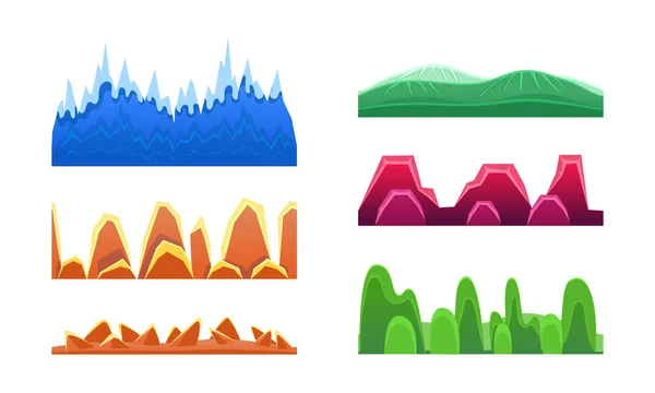 Colorflul Hills and Mountains Set, sömlös Landskap Design Element för spel gränssnitt, horisontell natur bakgrund tecknad vektor Illustration — Stock vektor