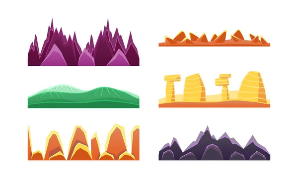 Hills and Mountains Set, Sömlös Landskap Design Element för spelgränssnitt Tecknad vektor Illustration — Stock vektor
