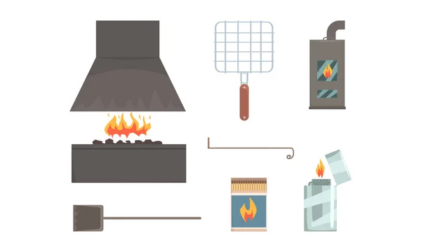Barbecue Grilling Equipment Set, Grill BBQ Tools Cartoon Vector Illustration — Stock Vector