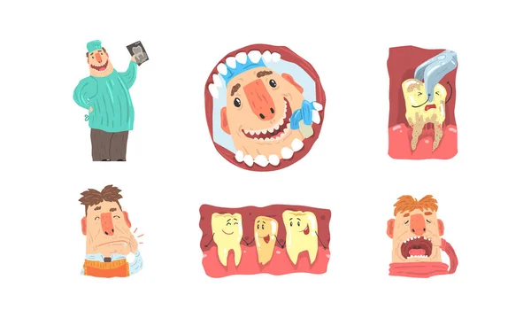 歯の形態,歯の概念,医師は、カリアス歯セットで患者を治療,キャビティ保護漫画ベクトルイラスト — ストックベクタ