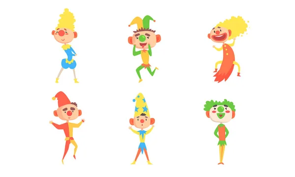 Circus Clowns Set, Funny Comedians and Jesters Cartoon Characters Performing in Colorful Costumes Vector Illustration — Stockvektor