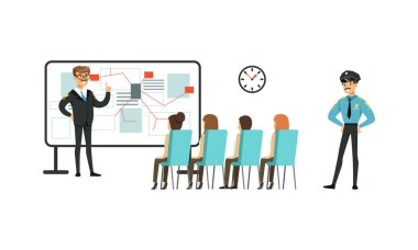 Polis Üniformalı Polis Karakteri, Polis Karakterleri Konferans Yapıyor ve Soruşturma Sürecini Tartışıyor Çizgi Film Resimleri