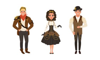 Steampunk People Set, Tarz sahibi Genç Erkekler ve Kadınlar Retro Steampunk Takımlar Giyiyor ve Gözlük Çizgi Film Vektörü Çizimi