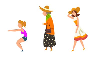 Açık Hava Faaliyetleri Seti, Farklı Çağlarda Yürüyen ve Spor Yapan Kadınlar Park Çizgi Filminde Vektör İllüzyonu
