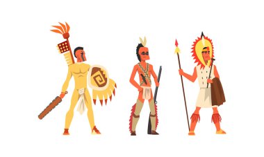 Aborjin ya da Yerli Savaşçılar, Etnik Kıyafet Giymiş Amerikan Yerlileri, Amerikan Kabilelerinin Temsilcileri Çizgi film Vektör Resimleri