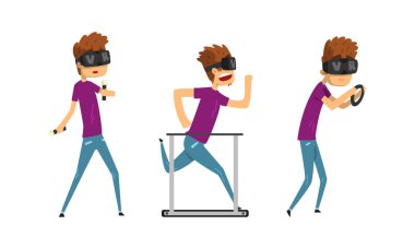 Sanal Gerçeklik Kulaklıklı Adam, VR Miğferli Adam Spor Çizimi Vektör Resimleri Yapıyor