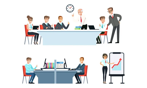 Деловые люди, работающие в Office Set, Meeting, Brainstorming, Presentation, Office Employees Working at Computers Cartoon Vector Illustration — стоковый вектор