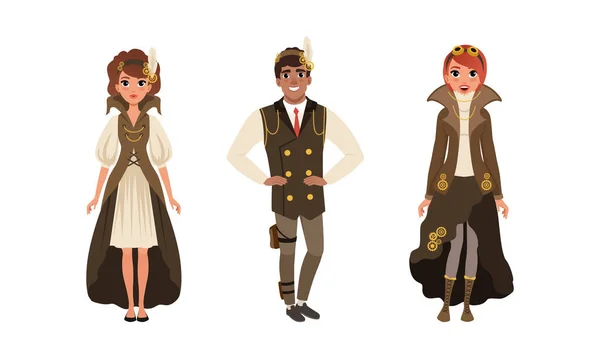 Steampunk People Set, Young Man and Women wearing Retro Steampunk style Suits and Goggles Cartoon vector Illustration — 图库矢量图片