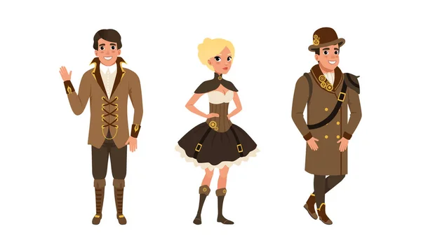 Steampunk People Set, Men and Female Persons wearing Retro Steampunk style Suits and Goggles Cartoon vector Illustration — 图库矢量图片