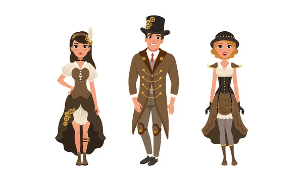 Homme et femmes portant des vêtements Steampunk élégant rétro ensemble illustration vectorielle de bande dessinée — Image vectorielle