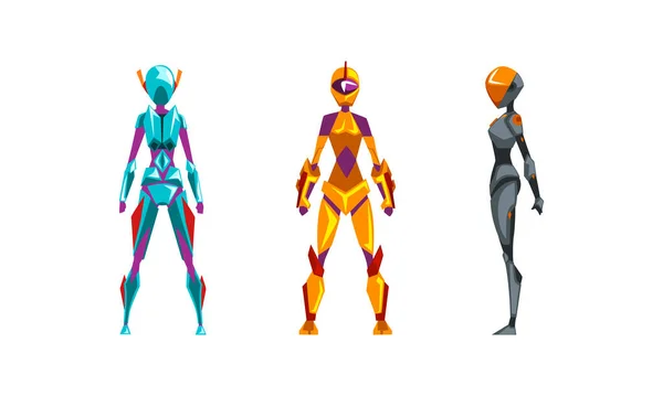 Conjunto de Robôs Femininos, Lado, Frente e Visão Traseira de Personagens Ciborgues em Várias Poses, Conceito de Inteligência Artificial Ilustração do Vetor dos Desenhos Animados — Vetor de Stock