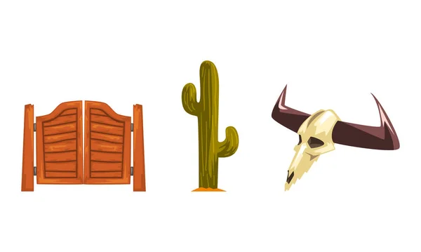 Conjunto de símbolos do oeste selvagem, Old Western Swinging Saloon Doors, Cacto, Bull Skull Bone Cartoon Vector Illustration — Vetor de Stock