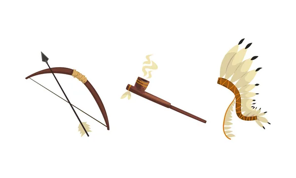 Conjunto de símbolos indianos nativos americanos, cobertura para a cabeça de penas, tubulação de fumar e ilustração do vetor dos desenhos animados do arco —  Vetores de Stock