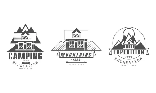 Camping Recreation Premium Logo Design Templates Set, Mountains Wild Life Monochrome Retro Badges Cartoon Vector Illustratio