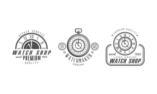 Assista Shop Premium Quality Logo Design Templates Set, Repair Service Monochrome Retro Badges Cartoon Vector Illustration — Vetor de Stock