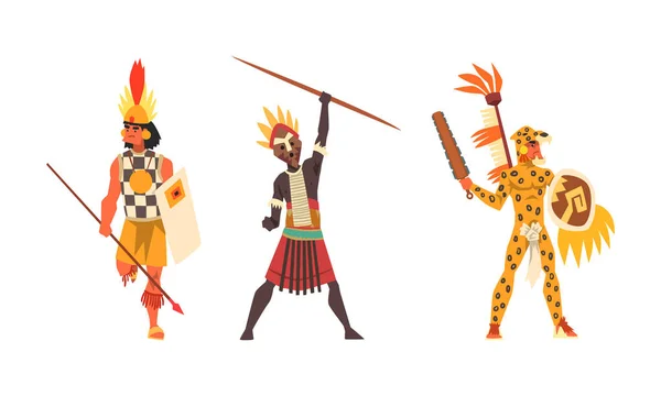 Ensemble de guerriers autochtones ou autochtones, hommes d'Afrique vêtus de vêtements ethniques armés, représentants de tribus africaines Illustration vectorielle de bande dessinée — Image vectorielle