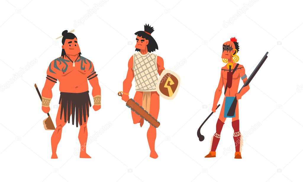 Set of Aboriginal or Indigenous Warriors, Men Dressed in Ethnic Clothes with Weapon, Representatives of Ethnic Tribes Cartoon Vector Illustration
