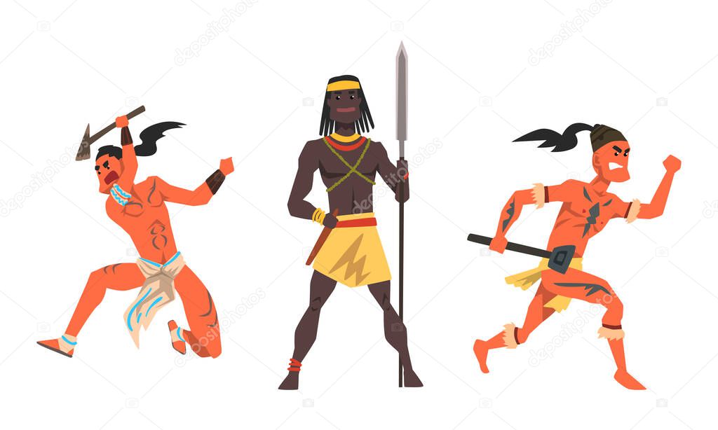 Set of Aboriginal or Indigenous Warriors, African and Indian Men Dressed in Ethnic Clothes with Weapon Cartoon Vector Illustration
