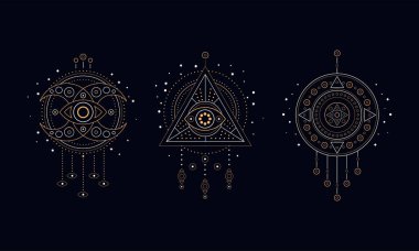 Altın Lüks Rüya Yakalayıcılar Seti, Süslü Etnik Semboller Tüyler, Boncuklar ve Mücevherlerle Siyah Arkaplanda Boho Stili