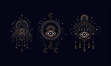 Rüya Yakalayıcılar Seti, Boho Biçimli Vektör Resimlerinde Tüylü, Boncuklu ve Mücevherli Altın Süslü Etnik Semboller