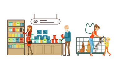 Evcil hayvan mağazası setinden alışveriş yapan ziyaretçiler, İnsanlar Evcil Hayvan Resimleri İçin Gıda, Aksesuar ve Medicaments satın alıyor