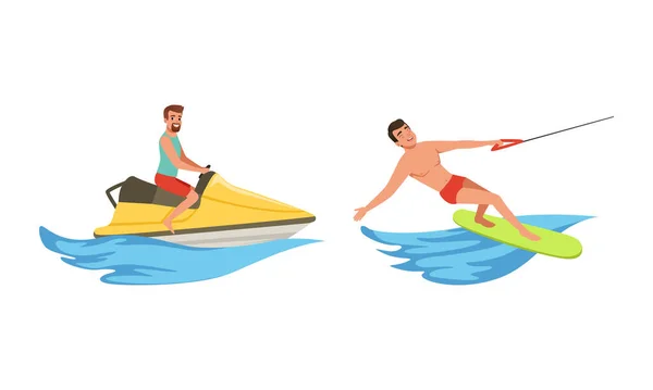 Water Sports Set, Man Water Skiing, Riding Wakeboard and Jet Ski Cartoon Vector Illustration — Stock Vector