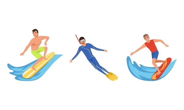Zestaw sportów wodnych, Młodzi mężczyźni jazda z deską surfingową, Nurkowanie z maską nurkową Cartoon Vector Ilustracja — Wektor stockowy