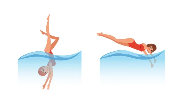Water Sports Set, Woman in Red Swimsuit Jumping into the Water and Swimming Cartoon Vector Illustration
