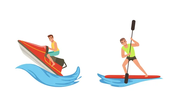 Water Sports Set, Young Men Riding Water Bike and Paddleboarding Cartoon Vector Illustration — Stock Vector
