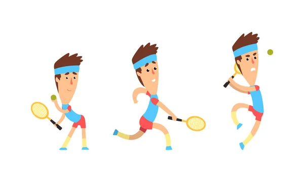 Mužský tenis hráč znaková sada, sportovec ve sportovní uniformě hraje tenis karikatura vektorové ilustrace — Stockový vektor