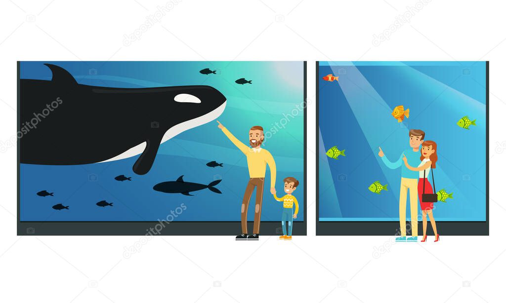 People in Oceanarium, Visitors Watching Underwater Scenery with Sea Animals at Excursion Vector Illustration