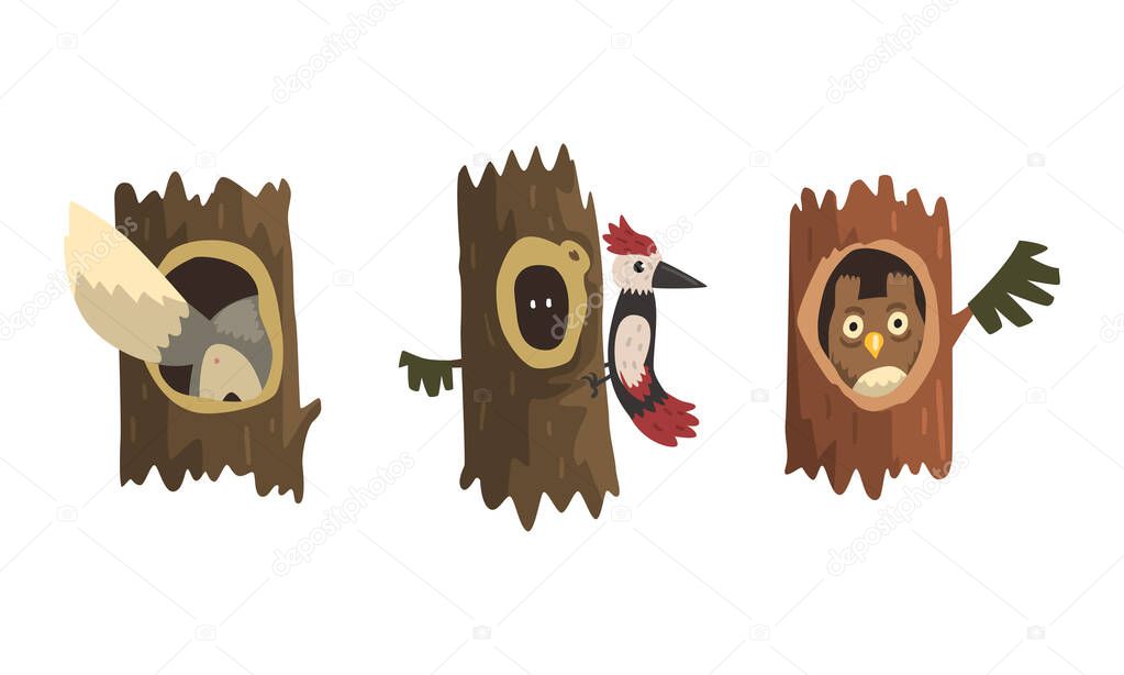 Cute Animals and Birds Living in Tree Hollows Set, Owl, Woodpecker Peeking Out of Hollow Cartoon Vector Illustration
