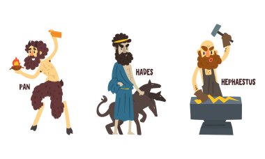 Hades, Hephaestus, Pan Olympian Greek Gods Set, Ancient Greece Mythology Vector Illustration vector Hades, Hephaestus, Pan Olympian Greek Gods Set, Ancient Greece Mythology Vector Illustration vector