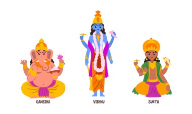 Hint Tanrıları Seti, Ganesha, Vishnu, Hinduizm Tanrıçaları Vektör İllüzyonu