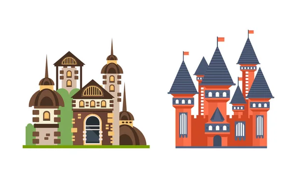 Fairytale Castle Towers Set, Medieval Mansion Facades Cartoon Vector Illustration — Stock Vector