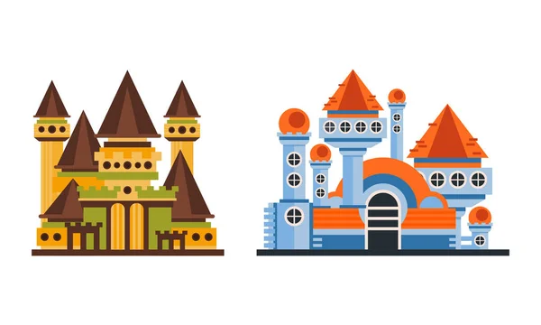 Fairytale Castle Towers Set, Ancient Mansion Facades Cartoon Vector Illustration on White Background — Stock Vector