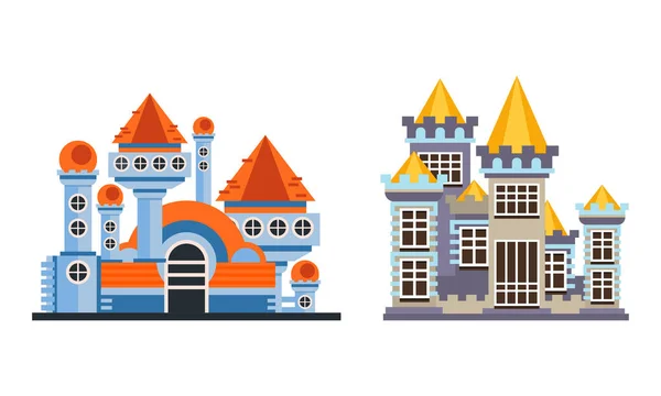 Conjunto de castillo de cuento de hadas, antiguas fachadas de palacio fortificado ilustración vectorial de dibujos animados — Archivo Imágenes Vectoriales