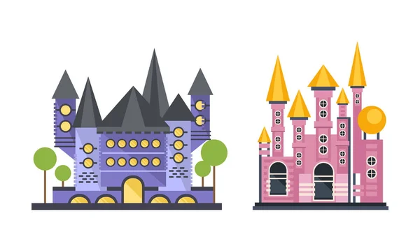 Conjunto de torres de castillo de princesa de cuento de hadas, fachadas medievales del palacio ilustración vectorial de dibujos animados — Archivo Imágenes Vectoriales