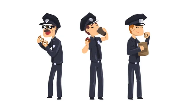 Hombres policías comiendo rosquillas y tomando café, policías con uniforme azul almorzando Vector Ilustración — Vector de stock