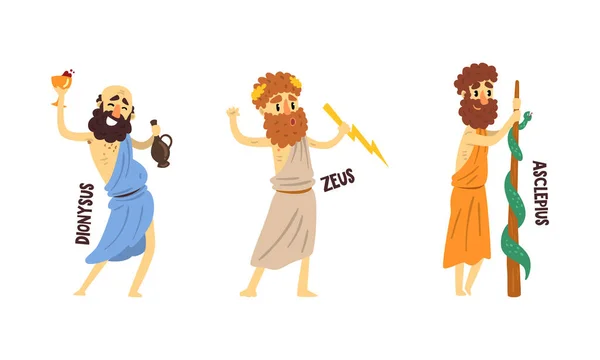 Dionysus, Zeus, Asclepius Olympian Greek Gods Set, Ancient Greece Mythology Vector Illustration — Stock Vector