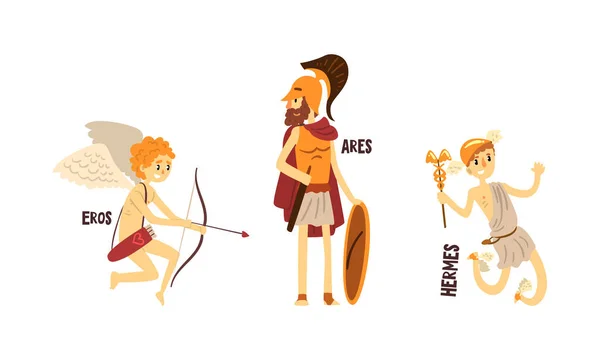 Ares, Hermes, Eros Olympian Greek Gods Set, Ancient Greece Mythology Vector Illustration — стоковий вектор