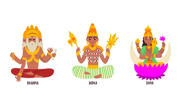 Statues of Indian Gods Set, Brahma, Indra, Soma Hinduism Godheads Vector Illustration — Stock Vector