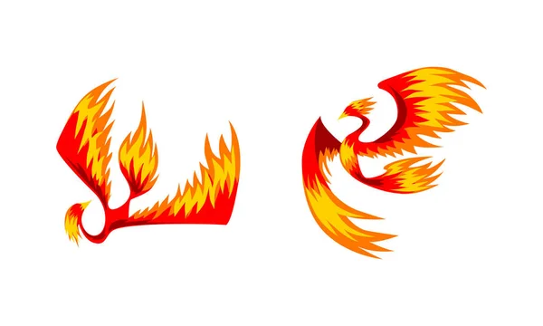 Flying Phoenix Firebirds Set, Mythical Bird, Creature of Slavic Folklore Vector Illustration — Stock Vector