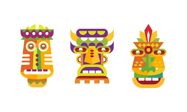 Conjunto de postes tótem indio nativo americano, coloridos objetos rituales tribales de madera Vector ilustración — Vector de stock