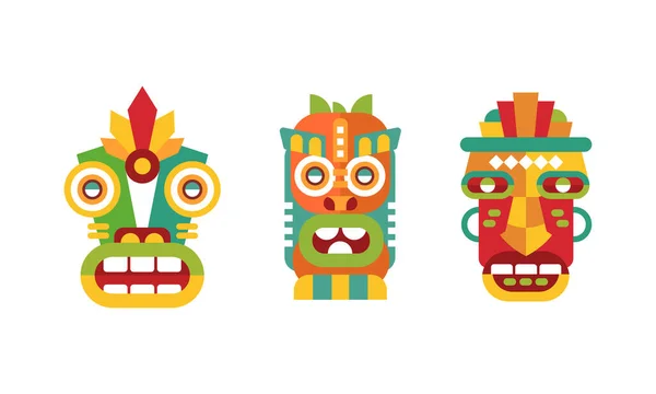 Ensemble de totems indiens amérindiens colorés, illustrations vectorielles d'objets rituels tribaux en bois — Image vectorielle