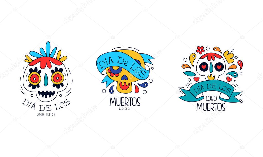 Dia de Los Muertos Logo Templates Set, Mexican Day of Dead Traditional Mexican Festival Colorful Hand Drawn Labels Vector Illustration