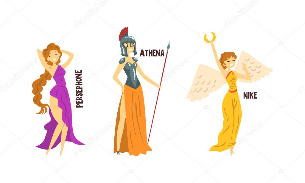 Persephone, Athena, Nike Olympian Greek Gods Set, Ancient Greece Mythology Vector Illustration