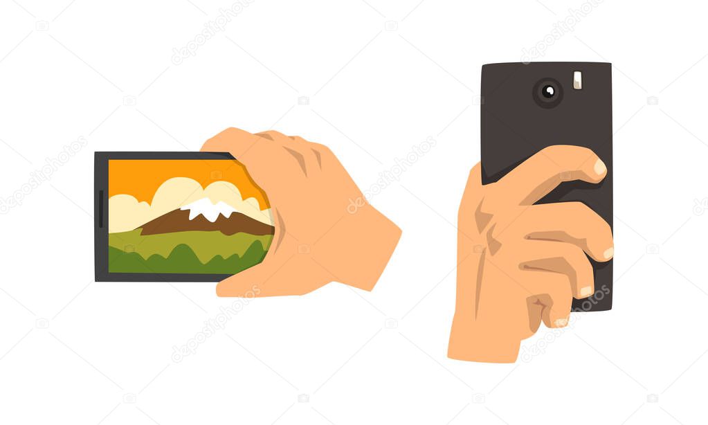 Set of Hands Holding Mobile Devices and Photographing Vector Illustration on White Background